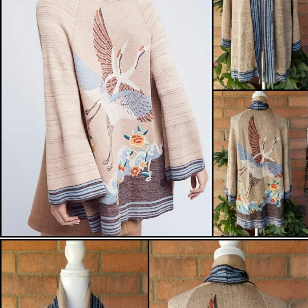 Anthropologie embroidered crane open cardigan